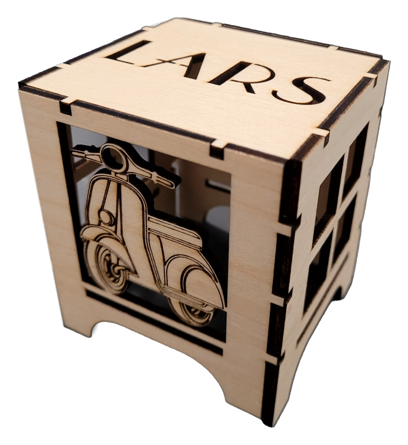 Laser-cut plywood lantern box engraved with LARS and a Vespa